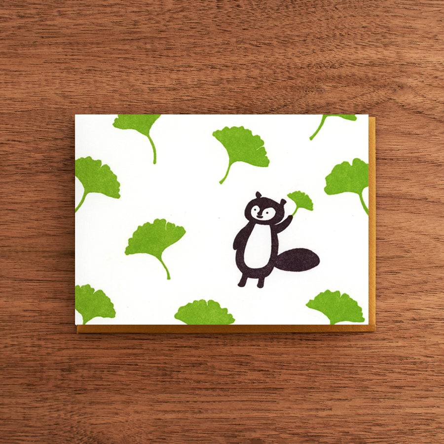 Letterpress Card:  Tanuki and Ginkgo